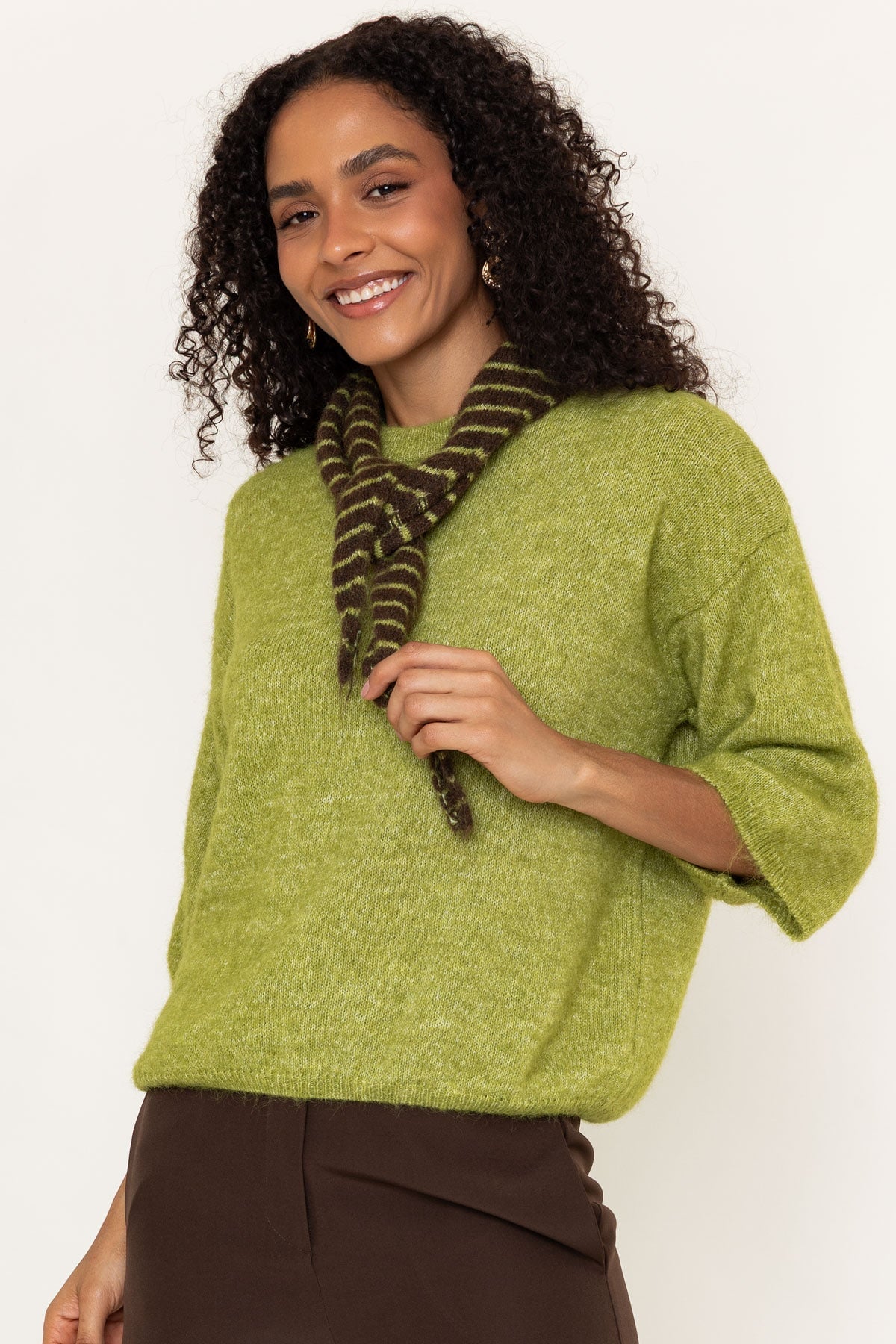 Green Scarf Detail Short Sleeve Knit Jumper