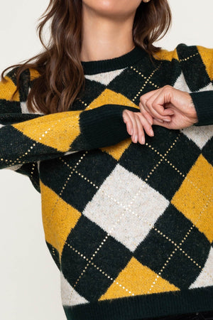 Carraig Donn Green & Yellow Argyle Gold Foil Diamond Detail Jumper