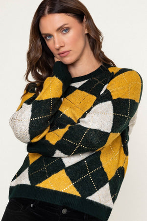 Carraig Donn Green & Yellow Argyle Gold Foil Diamond Detail Jumper