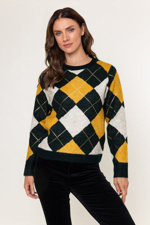 Carraig Donn Green & Yellow Argyle Gold Foil Diamond Detail Jumper