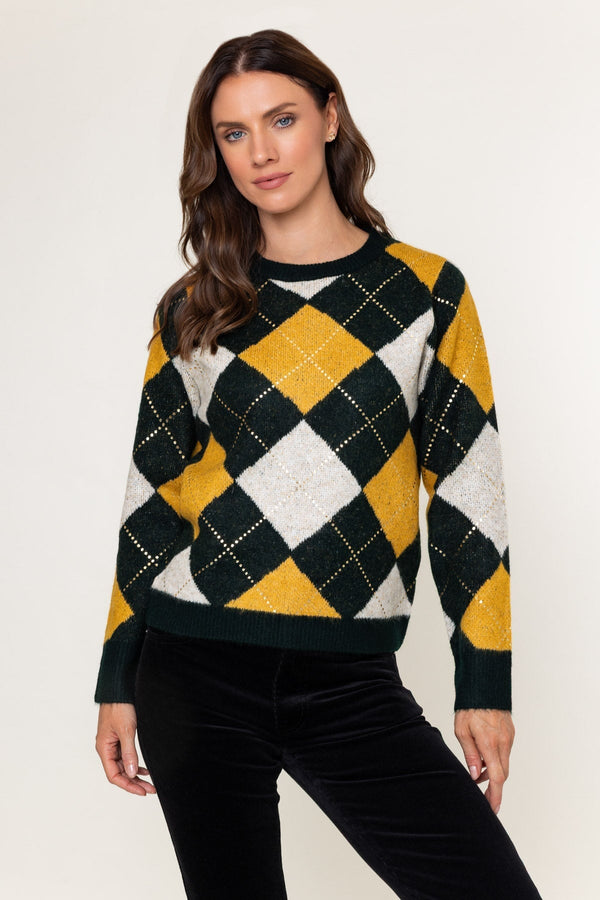 Carraig Donn Green & Yellow Argyle Gold Foil Diamond Detail Jumper