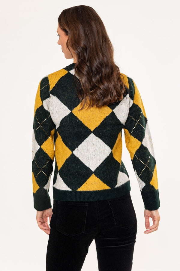 Carraig Donn Green & Yellow Argyle Gold Foil Diamond Detail Jumper