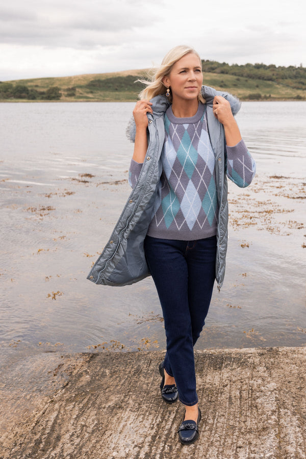 Carraig Donn Grey Argyle Long Sleeve Sweater