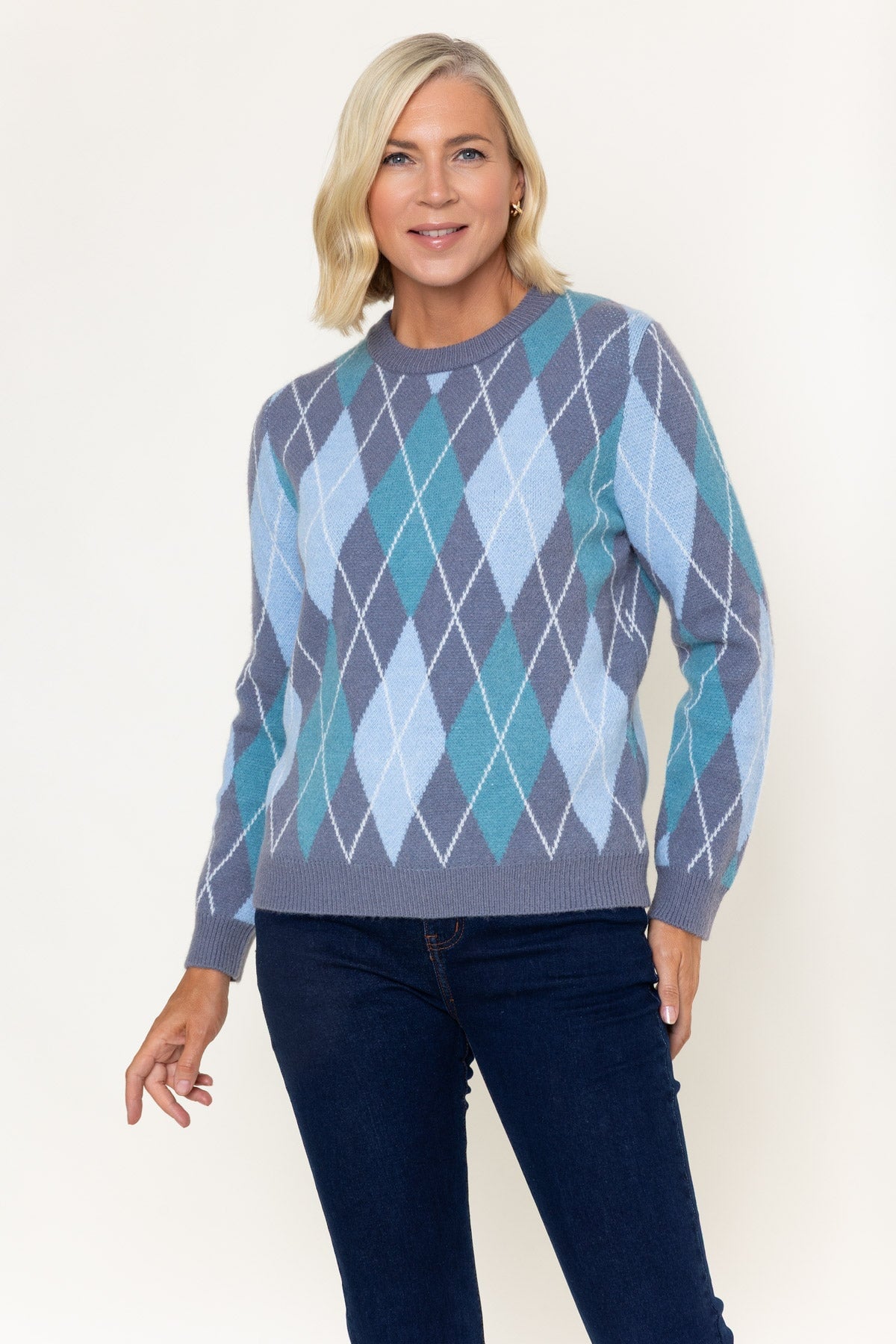 Grey Argyle Long Sleeve Sweater