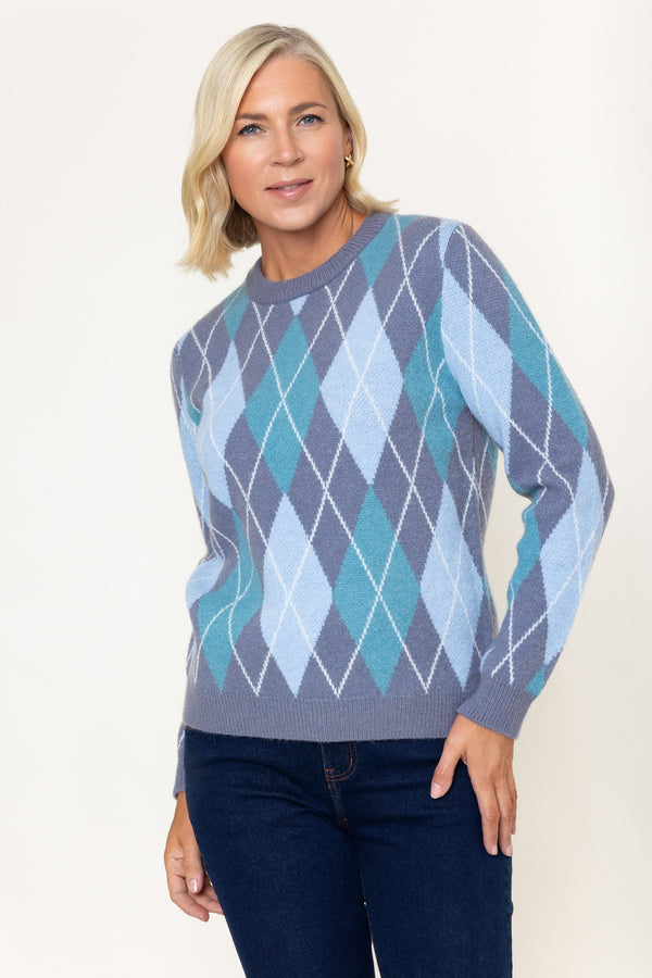 Carraig Donn Grey Argyle Long Sleeve Sweater