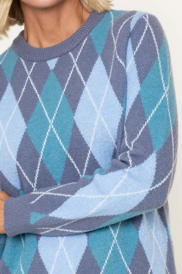 Carraig Donn Grey Argyle Long Sleeve Sweater