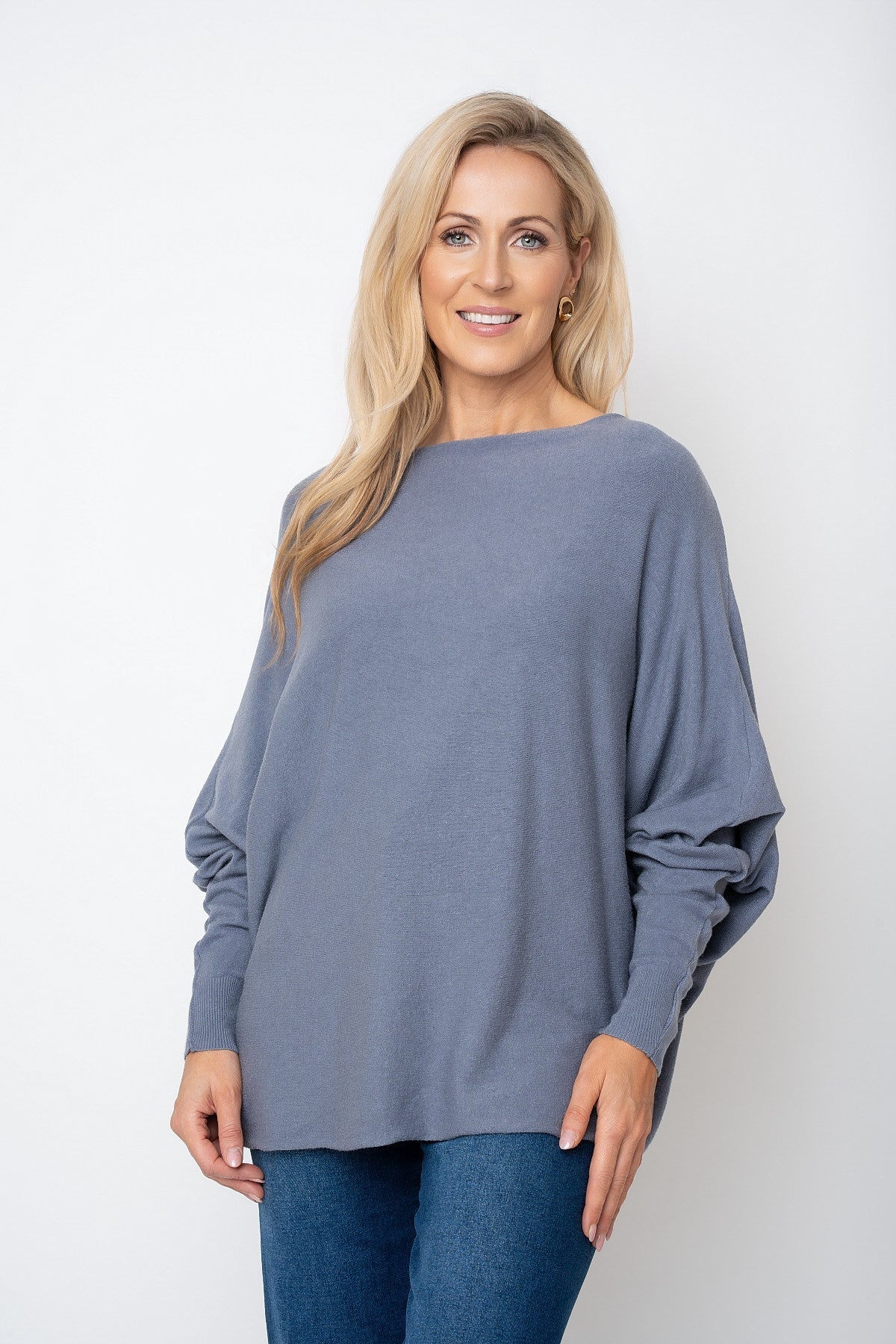Grey Batwing Boat Neck Knit Jumper