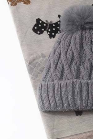 Carraig Donn Grey Cable Knit Hat & Dog Print Scarf Gift Set