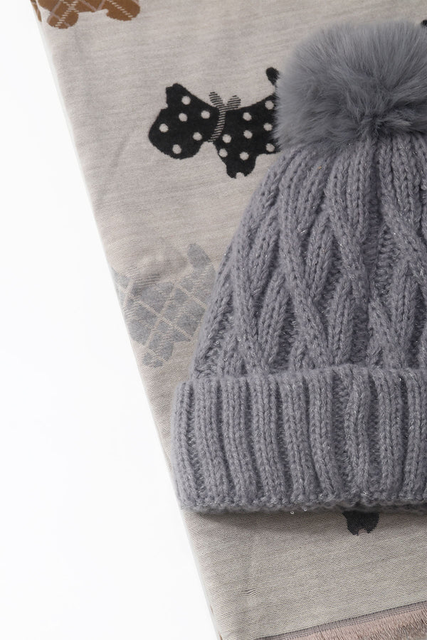 Carraig Donn Grey Cable Knit Hat & Dog Print Scarf Gift Set