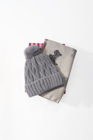 Carraig Donn Grey Cable Knit Hat & Dog Print Scarf Gift Set