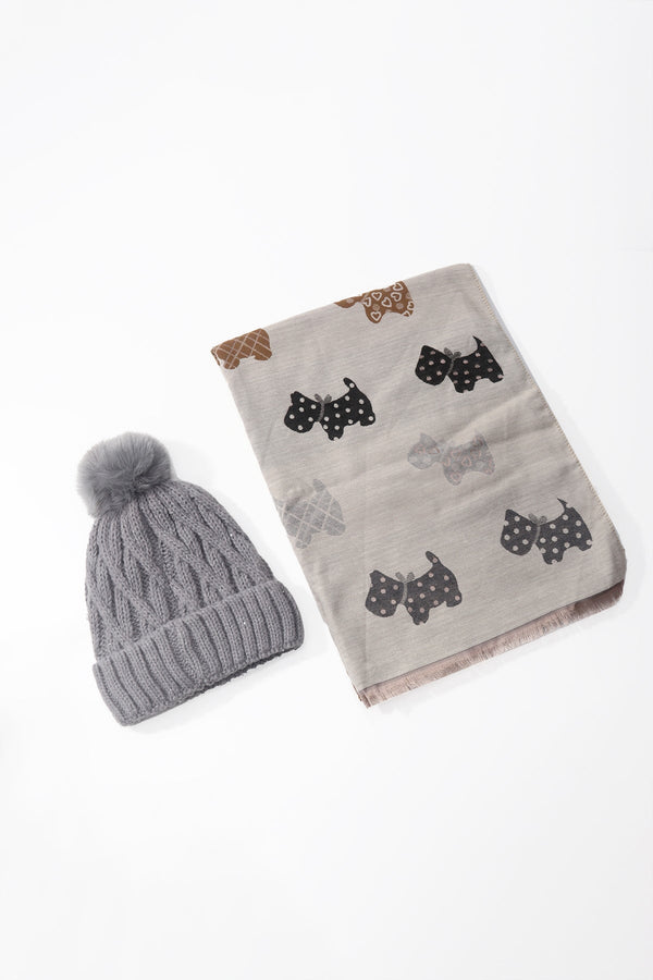 Carraig Donn Grey Cable Knit Hat & Dog Print Scarf Gift Set