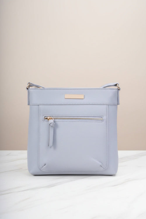 Grey Faux Leather Front Zip Pocket Classic Crossbody Bag
