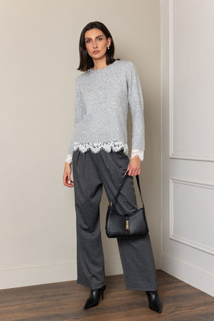 Carraig Donn Grey Knitted Regular Fit Lace Trim Long Sleeve Jumper