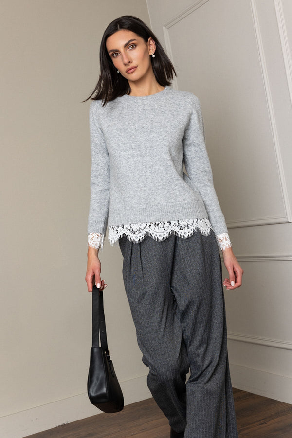 Carraig Donn Grey Knitted Regular Fit Lace Trim Long Sleeve Jumper