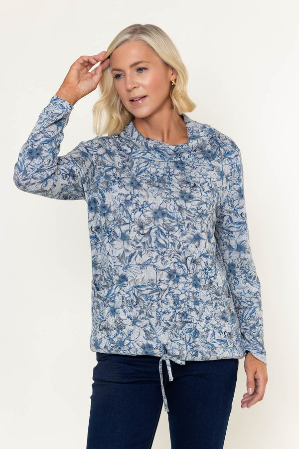 Carraig Donn Grey Print Pockets Cowl Neck Long Sleeve Top