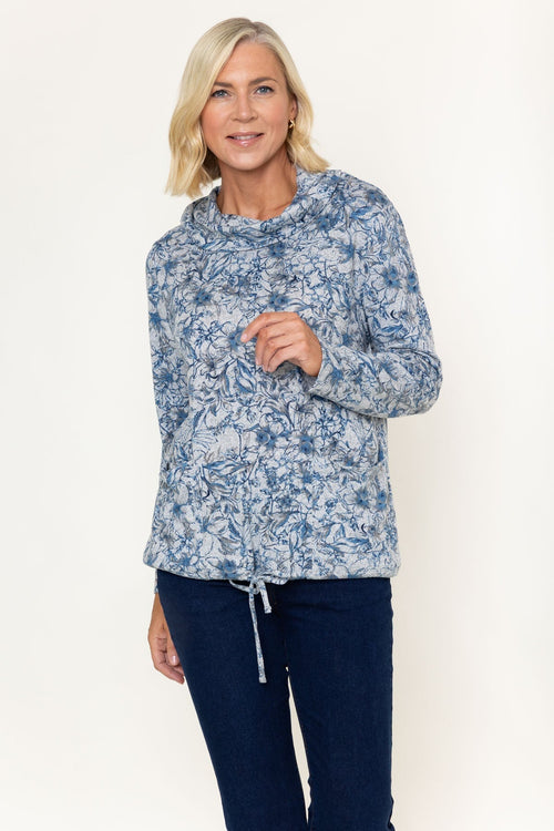 Grey Print Pockets Cowl Neck Long Sleeve Top