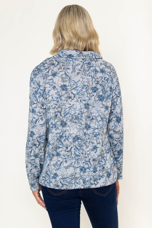 Carraig Donn Grey Print Pockets Cowl Neck Long Sleeve Top
