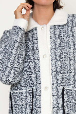 Carraig Donn Grey & White Knit Collar With Patch Pockets Cardigan