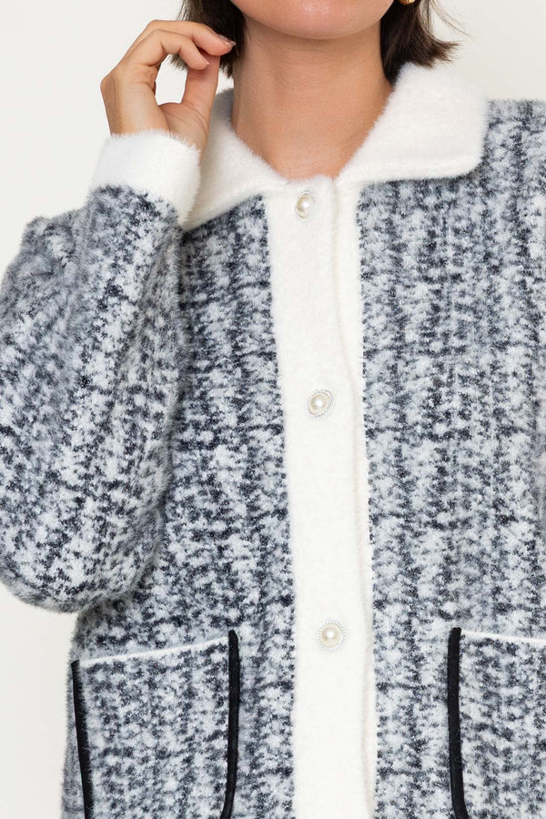 Carraig Donn Grey & White Knit Collar With Patch Pockets Cardigan