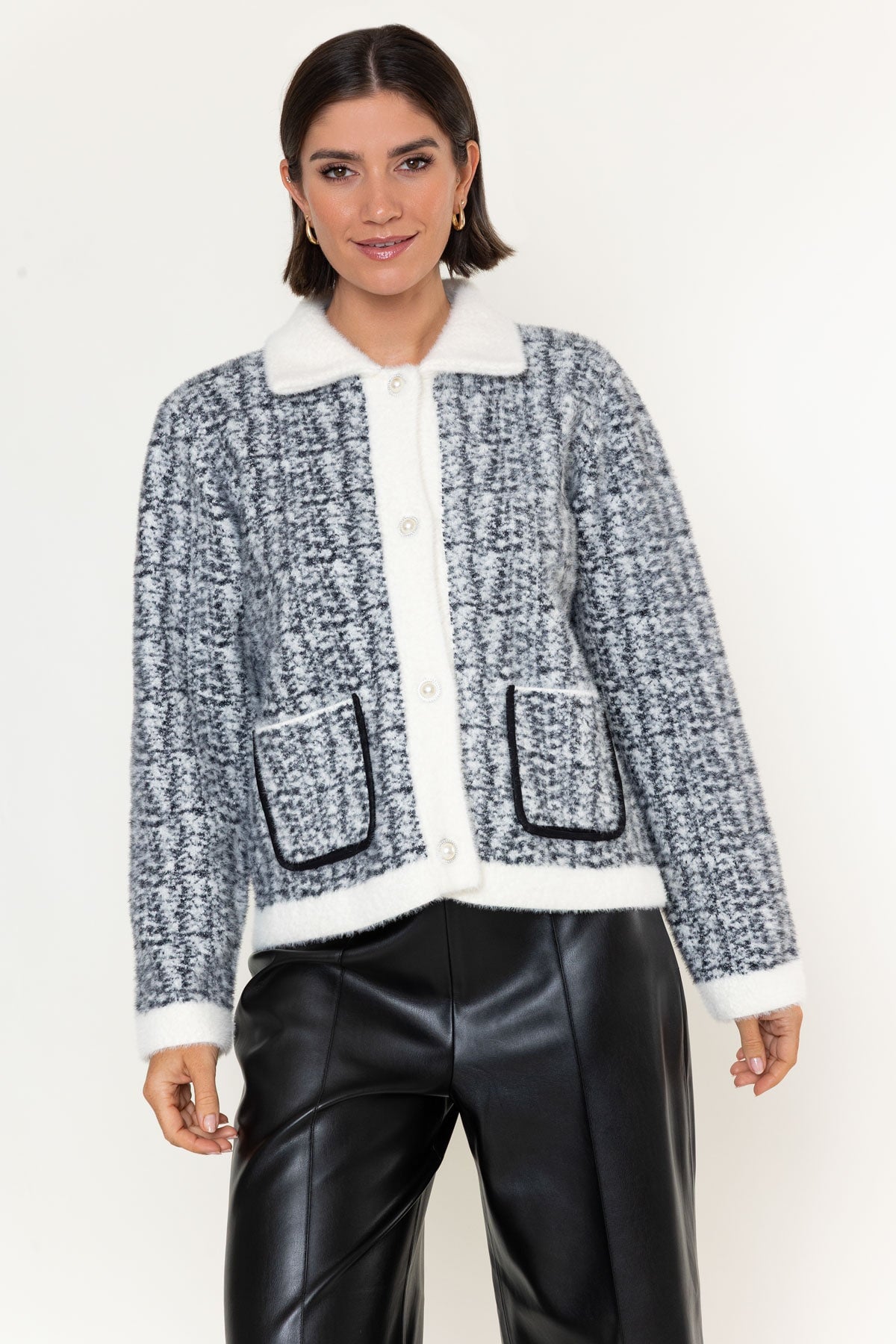 Grey & White Knit Collar With Patch Pockets Cardigan