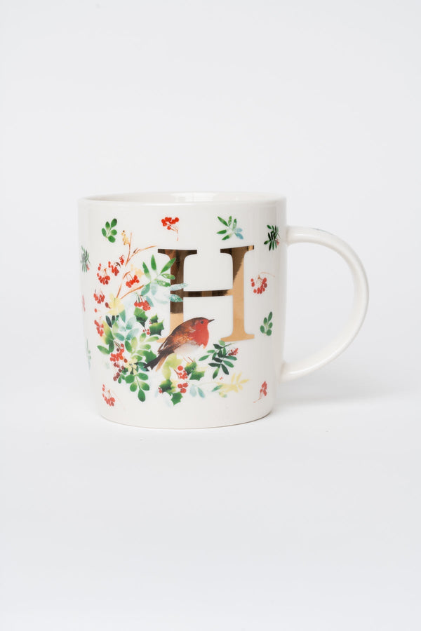 Carraig Donn H Christmas Robin Leaf New Bone China Alphabet Mug
