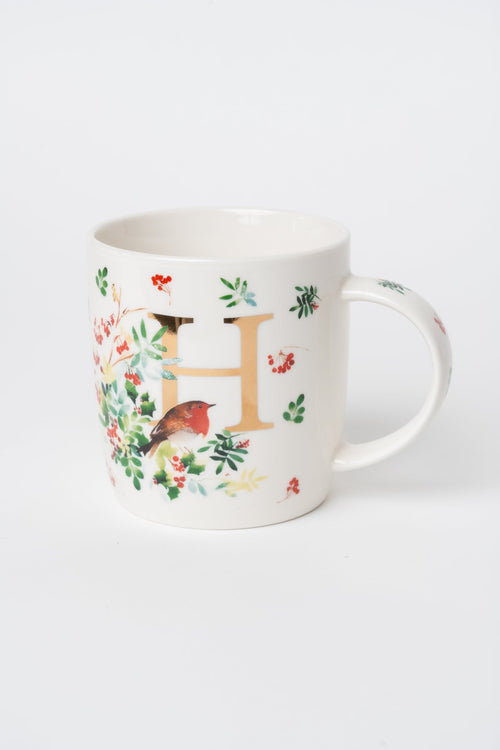 H Christmas Robin Leaf New Bone China Alphabet Mug