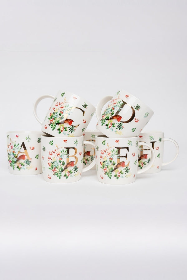 Carraig Donn H Christmas Robin Leaf New Bone China Alphabet Mug
