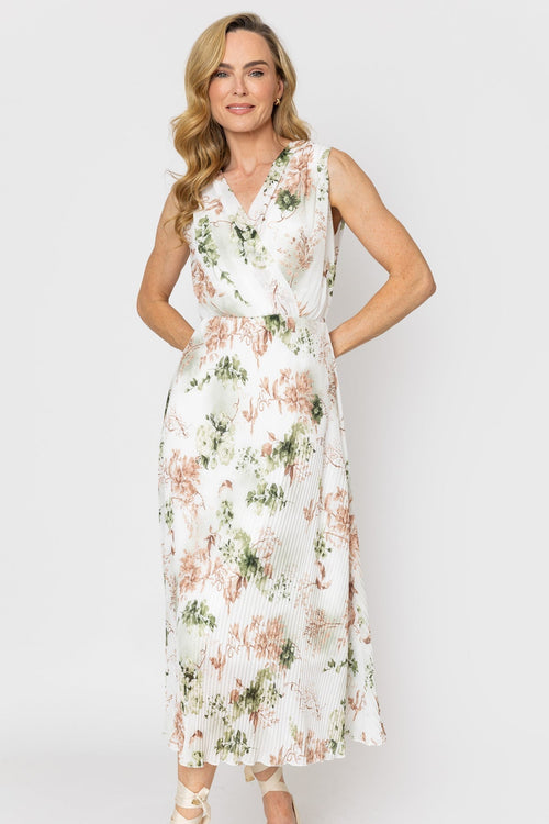 Hannah Khaki Print Sleeveless Midi Dress