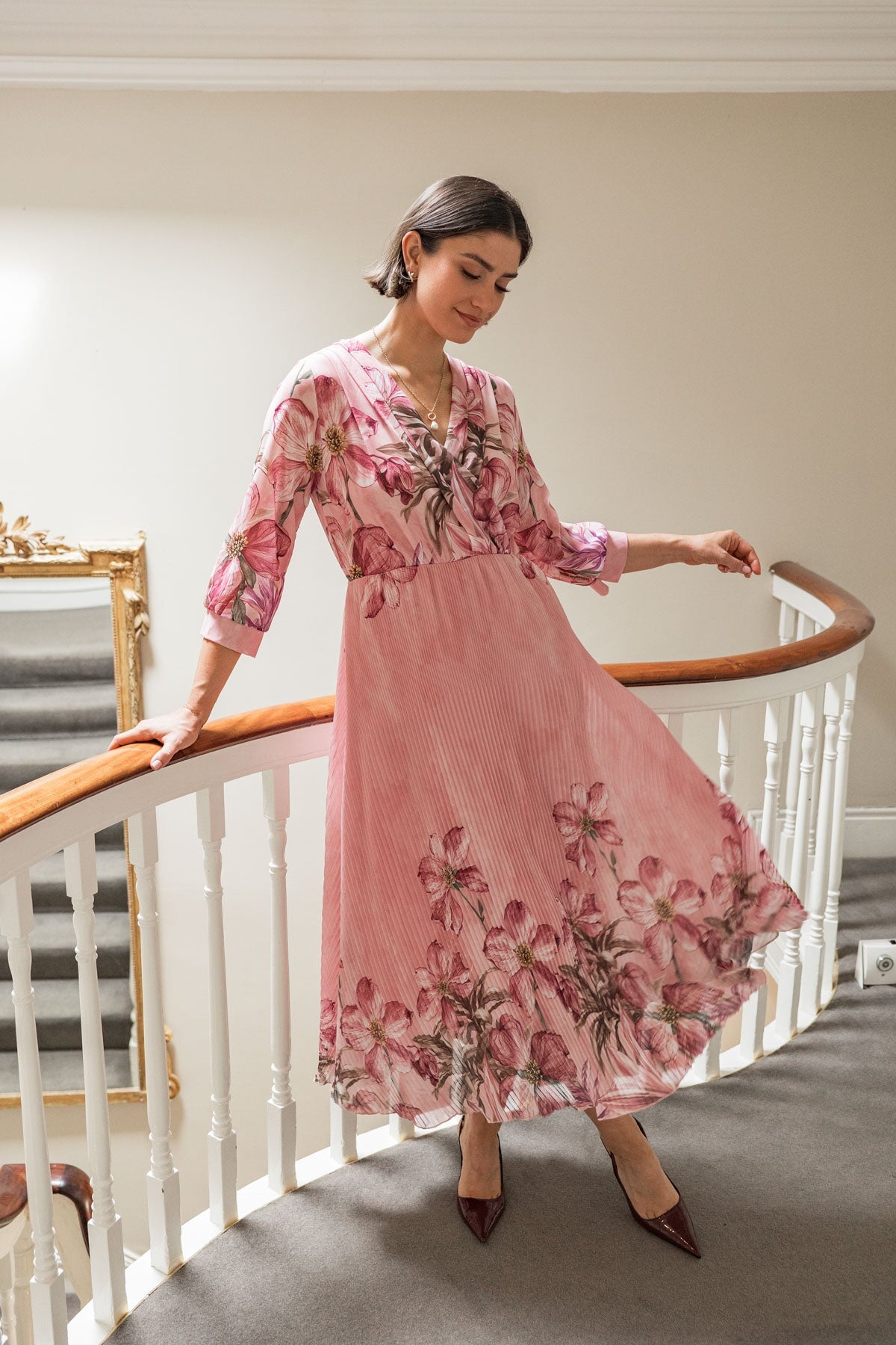 Hannah Pink Print 3/4 Sleeve Midi Dress