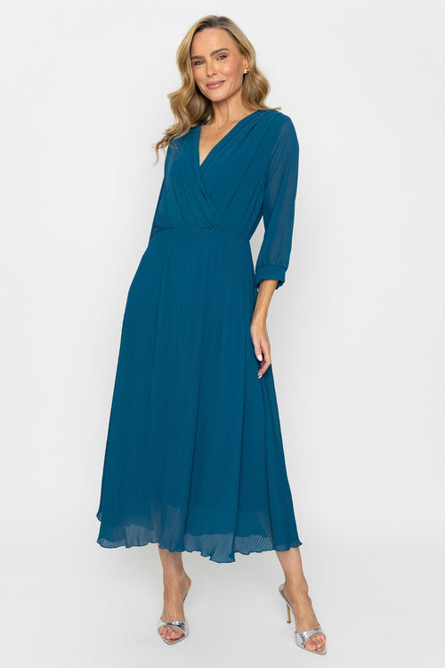 Hannah Teal A-Line 3/4 Sleeve Midi Dress