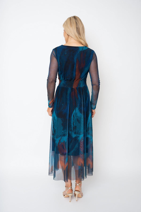 Carraig Donn Helena Teal Print Mesh A-line Long Sleeve Midi Dress