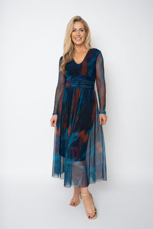Helena Teal Print Mesh A-line Long Sleeve Midi Dress