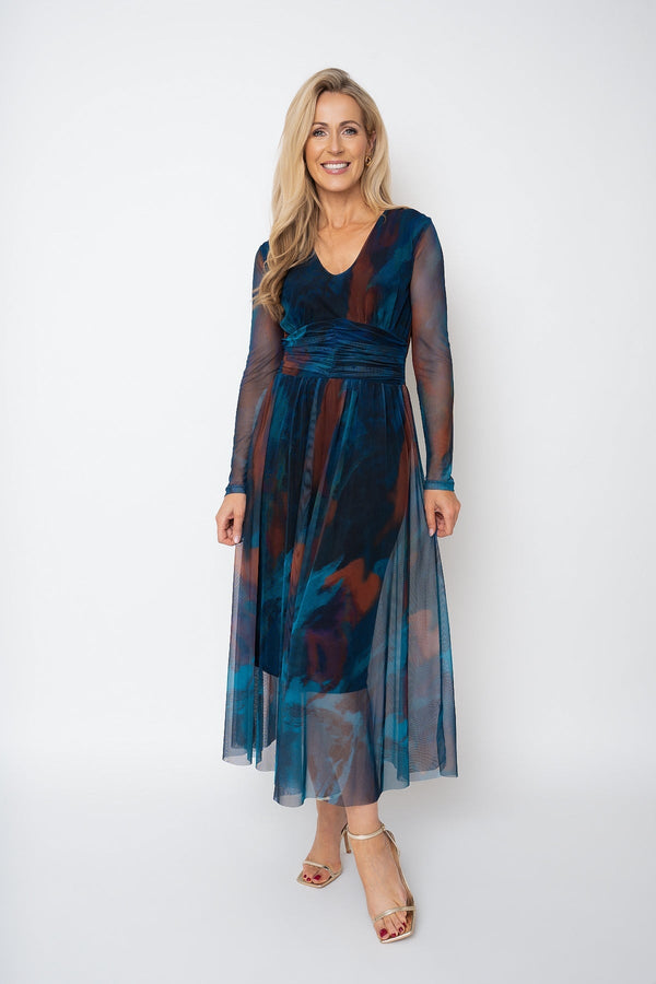 Carraig Donn Helena Teal Print Mesh A-line Long Sleeve Midi Dress