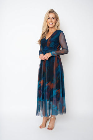 Carraig Donn Helena Teal Print Mesh A-line Long Sleeve Midi Dress
