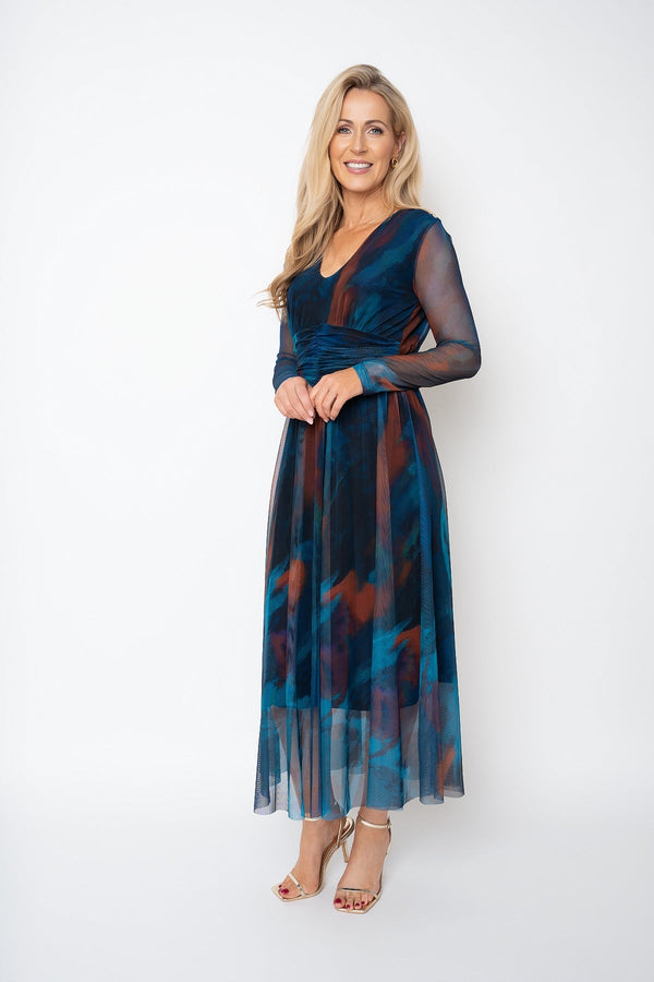 Carraig Donn Helena Teal Print Mesh A-line Long Sleeve Midi Dress