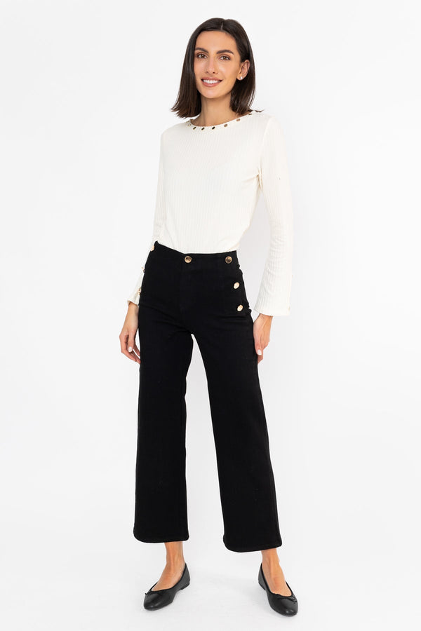 Carraig Donn High Waist Stretch Jeans With Gold Buttons Black