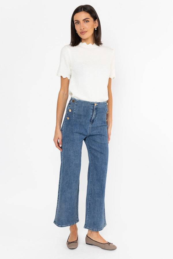 Carraig Donn High Waist Stretch Jeans With Gold Buttons Medium Blue