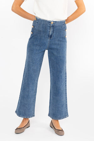 Carraig Donn High Waist Stretch Jeans With Gold Buttons Medium Blue