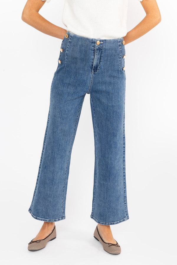 Carraig Donn High Waist Stretch Jeans With Gold Buttons Medium Blue