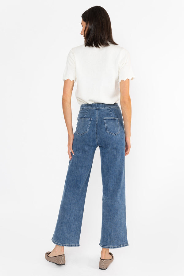 Carraig Donn High Waist Stretch Jeans With Gold Buttons Medium Blue