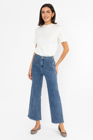 Carraig Donn High Waist Stretch Jeans With Gold Buttons Medium Blue