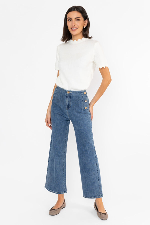 Carraig Donn High Waist Stretch Jeans With Gold Buttons Medium Blue
