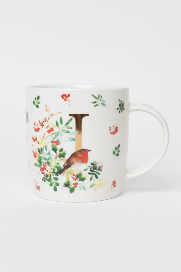 I Christmas Robin Leaf New Bone China Alphabet Mug