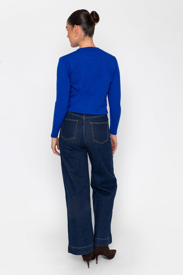 Carraig Donn Indigo Blue Denim High Waist Flare Leg Scallop Pocket Jeans