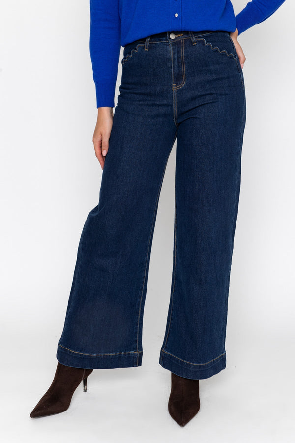 Carraig Donn Indigo Blue Denim High Waist Flare Leg Scallop Pocket Jeans