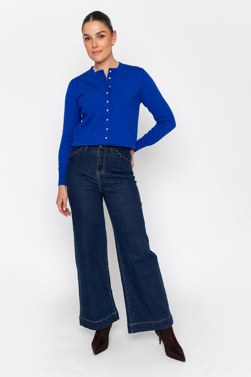 Indigo Blue Denim High Waist Flare Leg Scallop Pocket Jeans