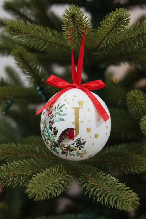 J Christmas Robin Alphabet Tree Bauble