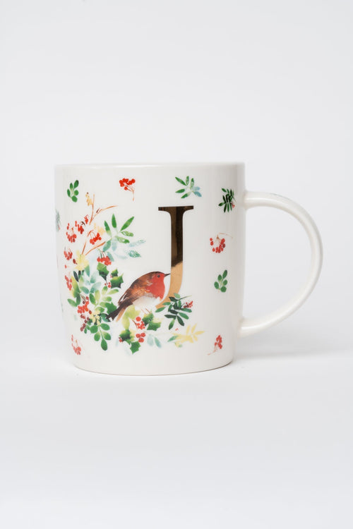 J Christmas Robin Leaf New Bone China Alphabet Mug