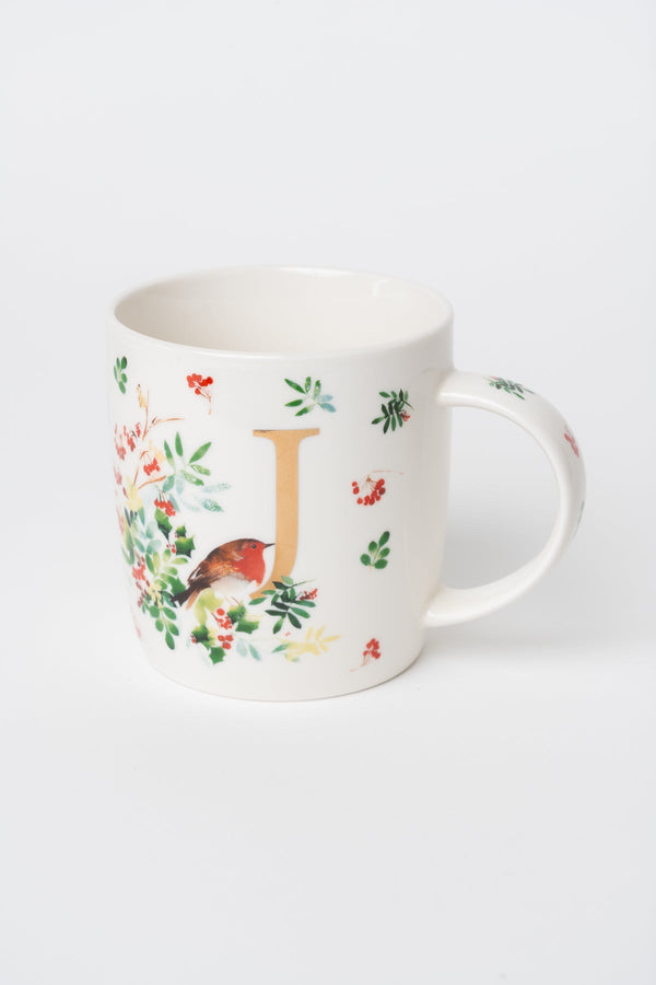 Carraig Donn J Christmas Robin Leaf New Bone China Alphabet Mug