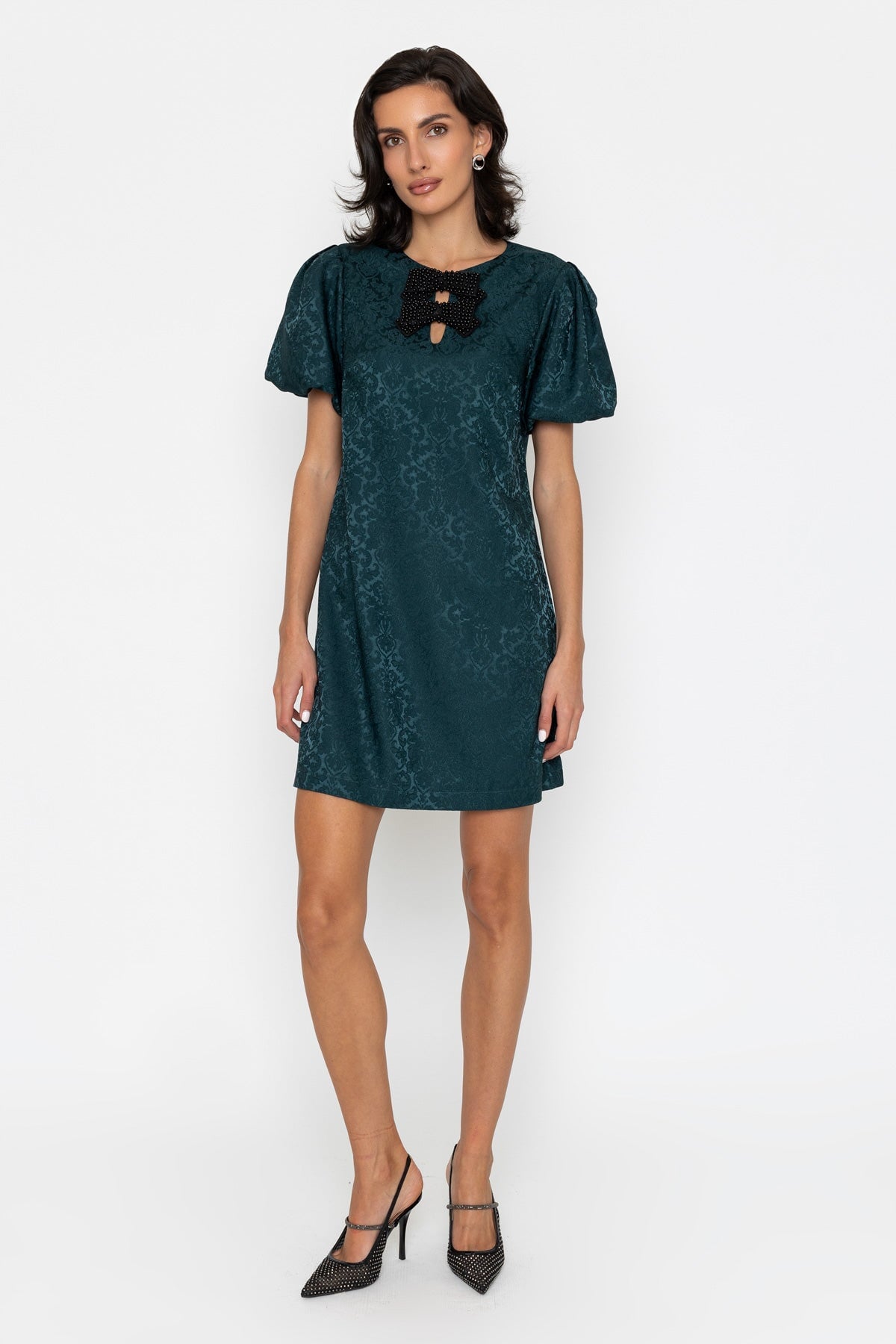 Jacquard Double Bow Short Sleeve Mini Dress